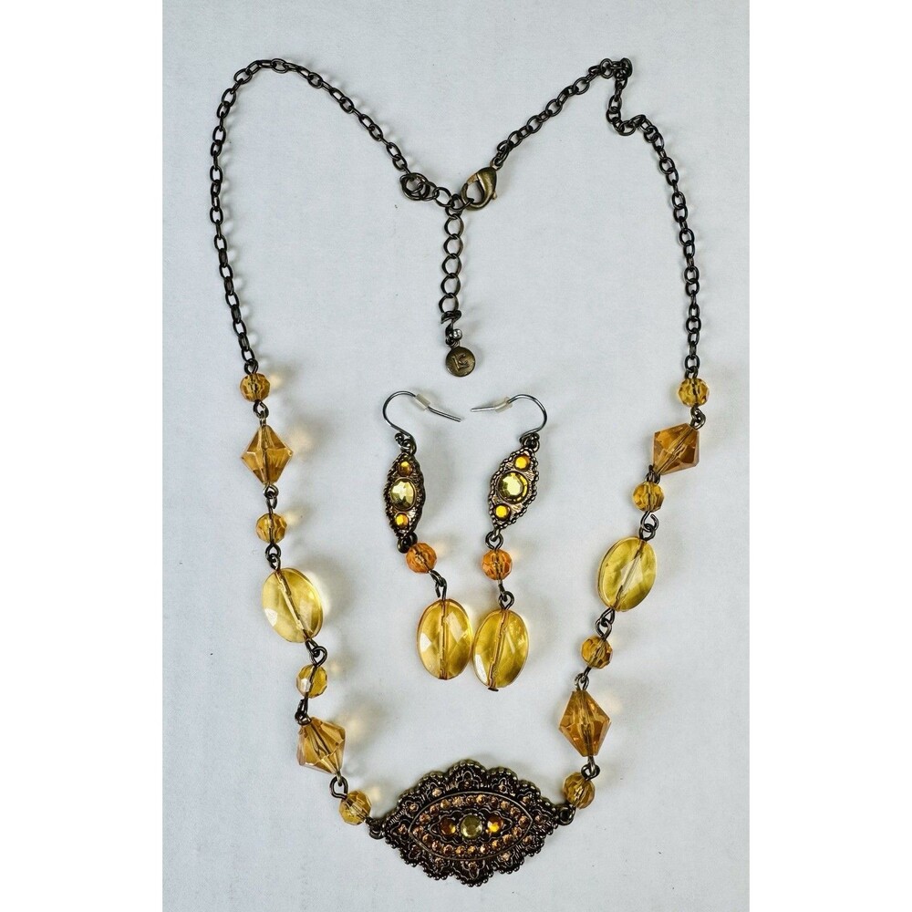 LC Laura Conrad Necklace Earrings Set Champagne Acrylic Beads Gold Tone 18”+ 2”